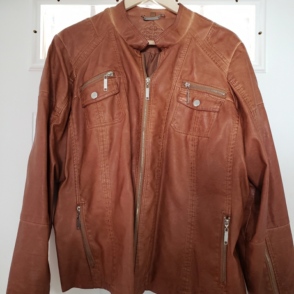 3x Tan faux leather jacket with zipper accents